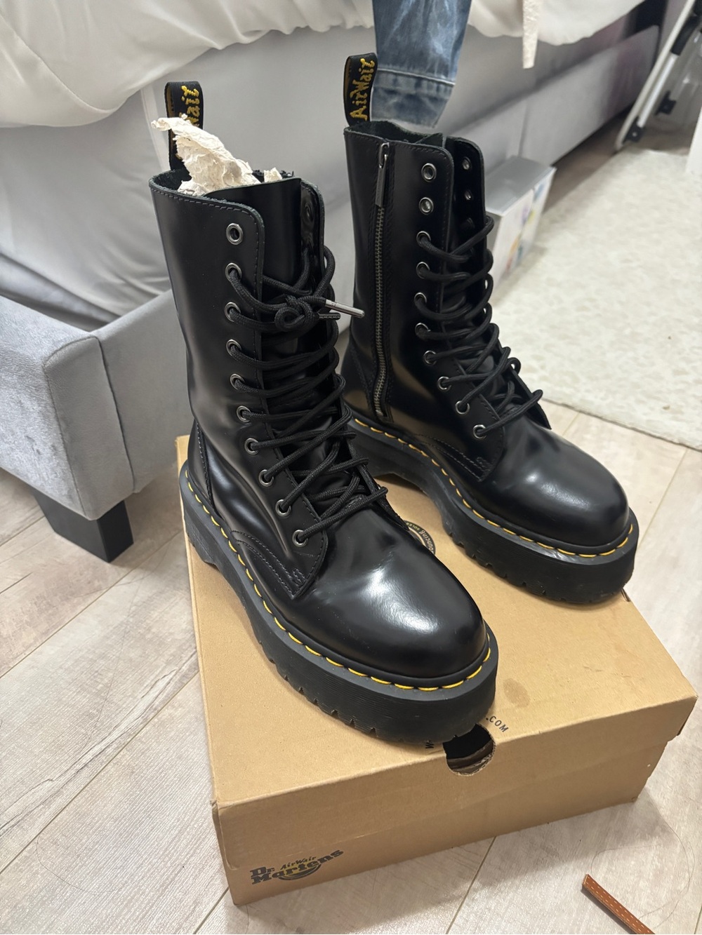 Dr. Martens Black Leather Lace-Up Platform Boots with Yellow Stitching
